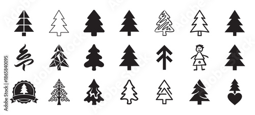 Diverse collection of black Christmas tree icons in various graphic styles including silhouette, outline, geometric, abstract, and hand-drawn for seasonal holiday design
