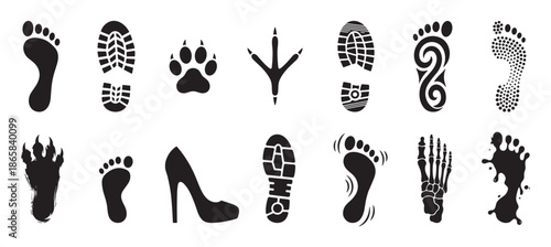Set of black silhouette footprints and tracks including human bare feet, shoe prints, animal paws, and bird claws in a diverse collection of graphic design icons