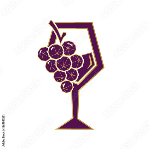 A stylized geometric wine glass with a bunch of purple grapes, outlined in gold, on a white background, representing viticulture and beverages.