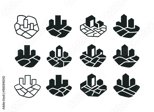 Urban Sprawl Logos. Urban sprawl. Icon set. Set Logo of Urban sprawl: expanding city map. harmonious logo variations of the same emblematic concept, each with