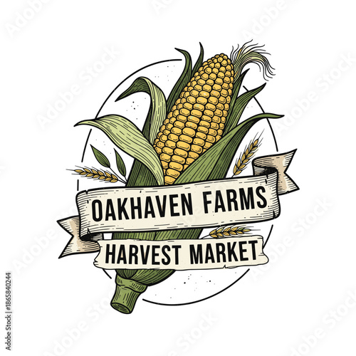 Oakhaven Farms Harvest Market logo featuring a detailed illustration of a ripe ear of corn with green husks and silks, surrounded by wheat stalks and a banner.