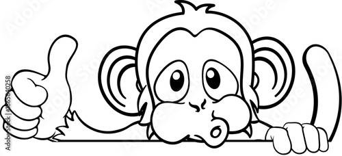 A monkey cartoon character animal peeking over a sign and giving a thumbs up
