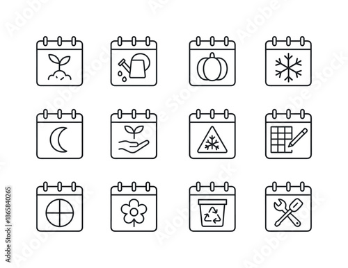 Gardening Icon Set. Gardening calendar. Line icon set of gardening calendar: spring planting, summer watering, autumn harvest, winter rest, moon phase,