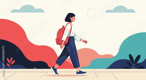 Young woman with a backpack walking through a colorful abstract landscape, suggesting themes of travel, hiking, or an outdoor journey.