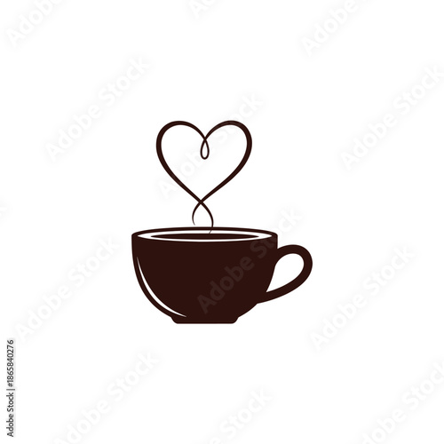 A simple graphic illustration of a dark coffee cup with steam forming a heart shape, symbolizing love for coffee or warmth.