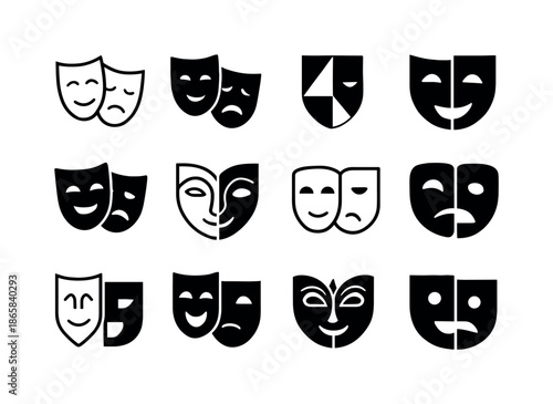 Theater Mask Logos. Theater performances. Icon set. Set Logo of theater performances: classic theater masks. harmonious logo variations of the same emblematic