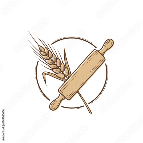 Rustic baking emblem featuring a wooden rolling pin crossed with a stalk of golden wheat inside a circular frame.