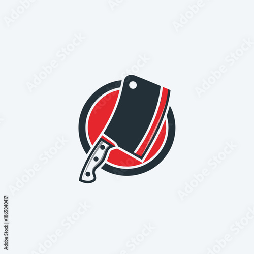 A graphic logo of a black and white meat cleaver with a red background circle, symbolizing butchery or a restaurant.