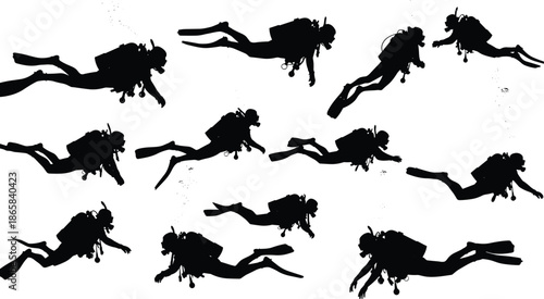 Silhouettes of scuba divers swimming underwater with full gear, masks, fins, and tanks, exploring marine life and ocean adventure scene