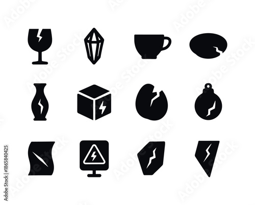 Essential Fragile Icons. Fragile materials. Solid icon set of fragile materials: glass icon, crystal icon, porcelain cup, thin plate, delicate vase, brittle