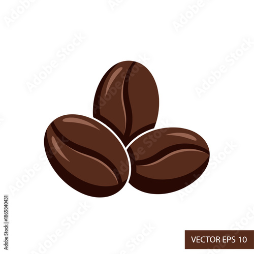 Three roasted coffee beans in a flat design style, isolated on a white background, ready for brewing.
