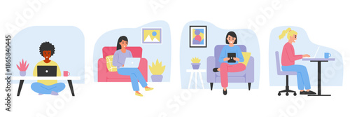 Diverse Women Working Remotely from Home with Laptops and Tablets in Living Room Scenes
