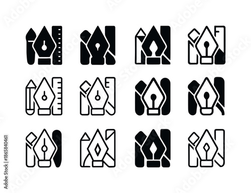 Creative Agency Icon Set. Creative agency. Icon set. Set Logo of Creative agency: layered design tools. harmonious logo variations of the same emblematic