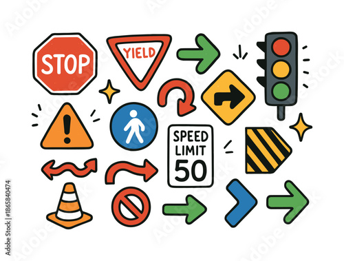 Colorful Road Signs Doodles. Road Signs. Colorful Hand-drawn doodle Children illustration Road Signs stop signs, traffic lights, yield signs, arrows, speed