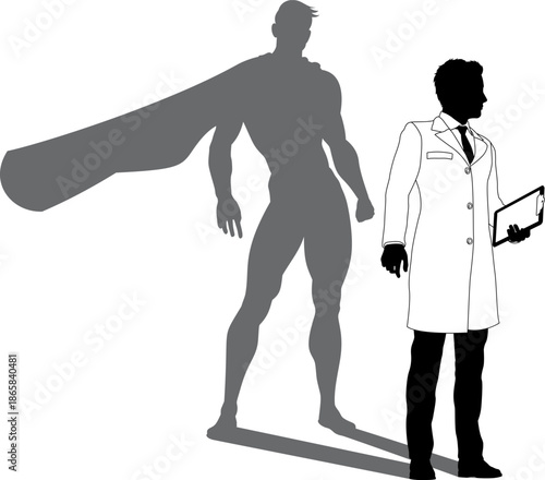 A superhero male scientist, engineer, doctor or teacher in a lab white coat man. Revealed by his shadow silhouette as a super hero in a cape.