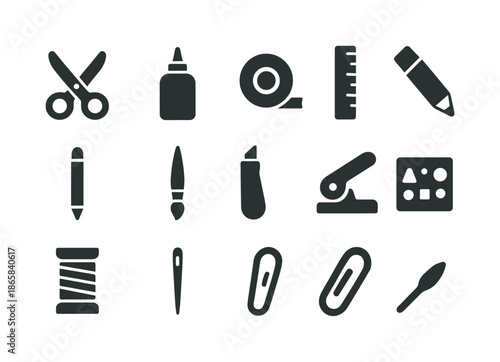 Crafting Tools Icons. Crafting tools. Solid icon set of Crafting tools: scissors, glue, tape, ruler, pencil, brush, craft knife, hole punch, thread spool,