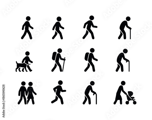 Walking Silhouette Icons. Walking silhouettes. Solid icon set of Walking silhouettes: adult walking, child walking, fast walker, slow walker, walking dog,