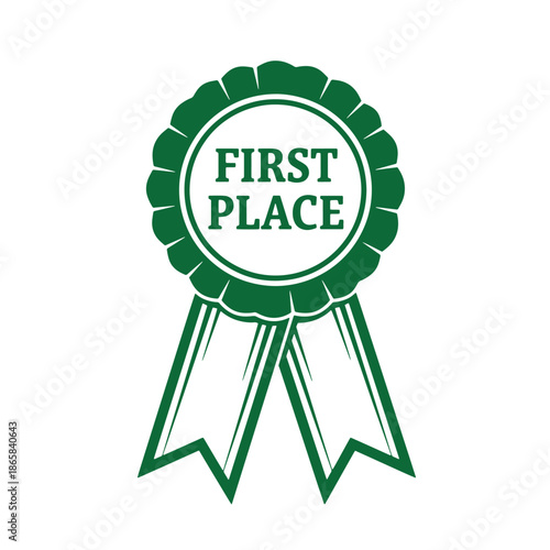 Green first place ribbon award emblem with rosette and text on white background
