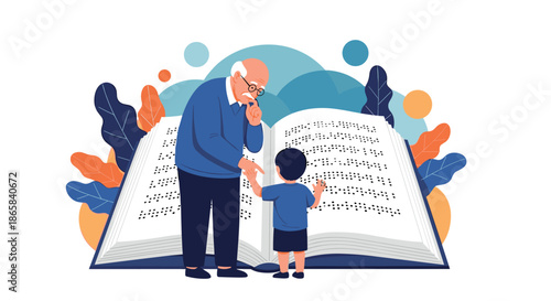 Elderly man with glasses helping a small child read a giant book, representing the transfer of knowledge and family connection.