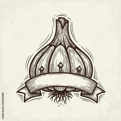 Vintage woodcut style illustration of a garlic bulb with roots and a blank banner, on a textured background.
