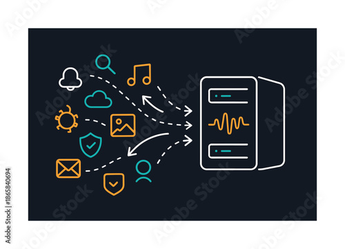 Server Workflow Pulse. Server workflow. A dynamic stream of icons flows into a clean server unit; rhythmic pulses show processing. Floating arrows guide the