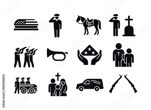 Funeral Honor Icons. Funeral honors. Solid icon set of Funeral honors: flag-draped casket, solemn salute, riderless horse, final salute, honor rifle team, taps