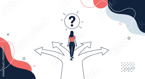 Woman from the back standing at a crossroads of four arrows with a question mark over her head, representing a difficult decision.