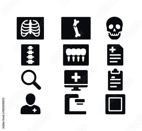 X-Ray Icon Set. X-Ray Diagnosis. Solid icon set of X-Ray Diagnosis: chest scan, bone fracture, skull scan, spine scan, dental x-ray, medical chart, magnifying