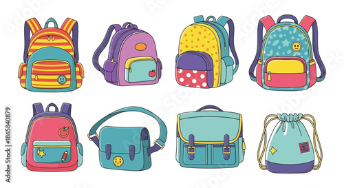 Colorful collection of school bags and backpacks in a playful doodle style