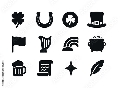 Irish Luck Icons. Irish luck. Solid icon set of Irish luck: four-leaf clover, horseshoe, coin, hat, flag, harp, rainbow, pot of gold, mug, scroll, sparkle,