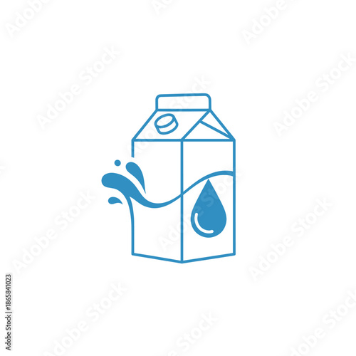 A blue line art illustration of a carton with a liquid splash and a water drop, representing beverages or packaging.