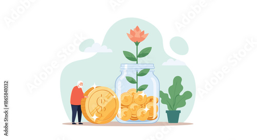 Senior man standing next to a giant gold coin and a glass jar filled with coins and a growing flower, representing savings.