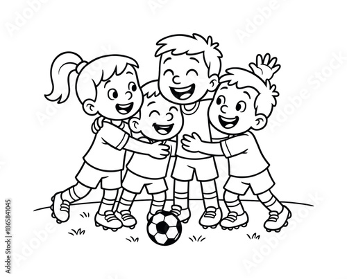 Team Huddle Celebration. Team huddle victory children?s coloring book illustration, outlined drawing, a group of cartoon players happily gathering after