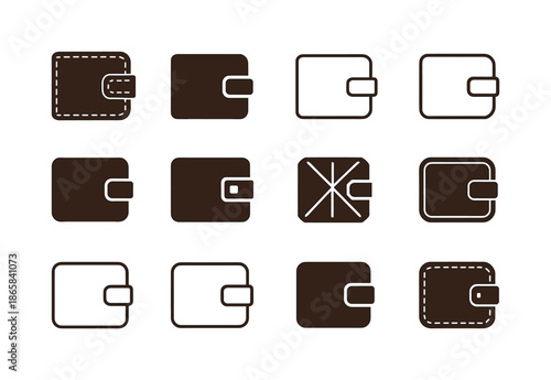 Leather Wallet Icons. Old leather wallet. Icon set. Set Logo of old leather wallet: aged seam lines. harmonious logo variations of the same emblematic concept,
