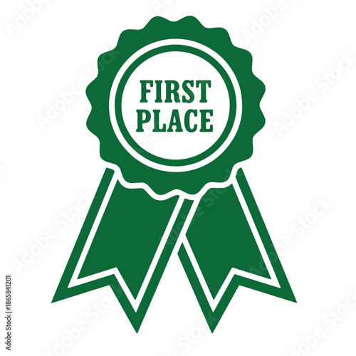Green first place ribbon icon with rosette and text for award or competition winner symbol