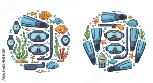 Set of two circular compositions featuring various scuba diving and snorkeling equipment like masks, fins, and underwater life.