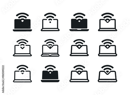Remote Work Icons. Remote work revolution post-pandemic. Icon set. Set Logo of Remote work revolution post-pandemic: laptop with Wi-Fi signal. harmonious logo