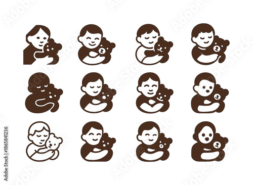 Kids' Holiday Toy Logos. Kids playing with holiday toys from gifts. Icon set. Set Logo of kids playing with holiday toys from gifts: child hugging stuffed