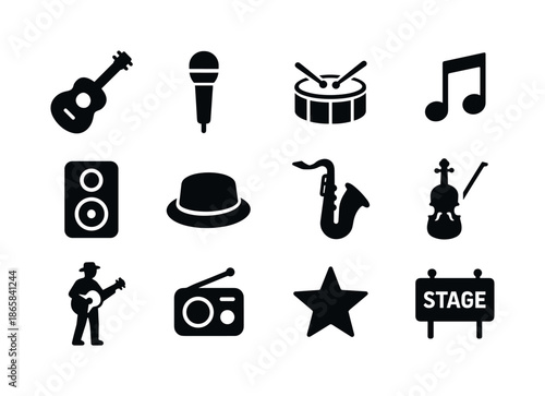 Street Music Icon Set. Street Musicians Market. Solid icon set of Street Musicians Market: guitar icon, microphone, drum icon, music notes, speaker, hat for