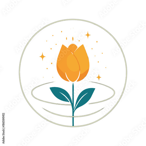 Flower Awakening Scene. Flower awakening. A quiet bud glows before opening; subtle sparks drift like morning light. Rings expand gently around it. Modern