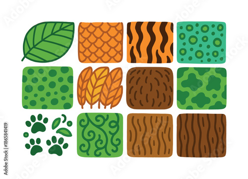 Vibrant Jungle Textures. Jungle textures. Colorful Hand-drawn doodle Children illustration Jungle textures leaf veins, snake scales, tiger stripes, lizard