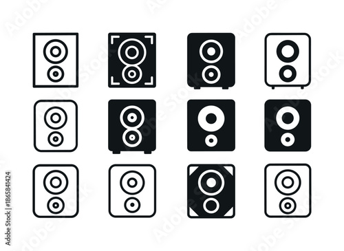 Home Theater Icons. Home theater system. Icon set. Set Logo of home theater system: subwoofer. harmonious logo variations of the same emblematic concept, each