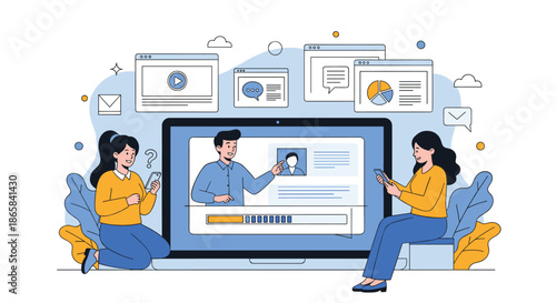 Two women interacting with a large laptop screen displaying video content, surrounded by various web browser windows and icons.