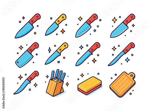 Colorful Knife Icons. Kitchen knife. Colorful isometric vector icons set of kitchen knife: chef?s knife, paring knife, serrated knife, santoku knife, cleaver,