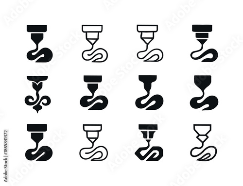 3D Print Icon Set. 3D-printed objects in art and design. Icon set. Set Logo of 3D-printed objects in art and design: nozzle printing form. harmonious logo