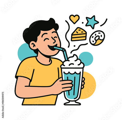 Milkshake Delight. Milkshake joy. A thick drink with whipped cream and a tall straw being slurped with delight; wavy sweet icons swirl upward. Modern flat-line