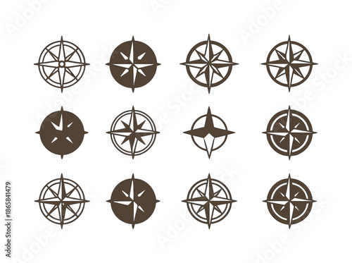 Vintage Compass Icons. Vintage compass. Icon set. Set Logo of vintage compass: compass rose. harmonious logo variations of the same emblematic concept, each