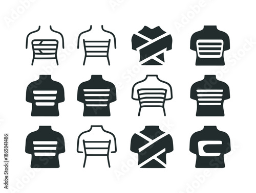Bandaged Body Logos. Bandaged body. Icon set. Set Logo of Bandaged body: rib support band. harmonious logo variations of the same emblematic concept, each with