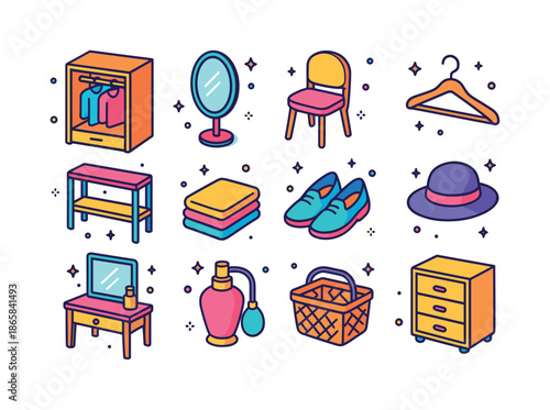 Dressing Room Icons. Dressing room. Colorful isometric vector icons set of dressing room: open closet, mirror, chair, hanger, shelf, folded clothes, shoes,