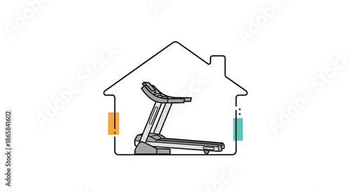 Minimalist line art illustration of a treadmill inside the outline of a simple house, representing the concept of home fitness.